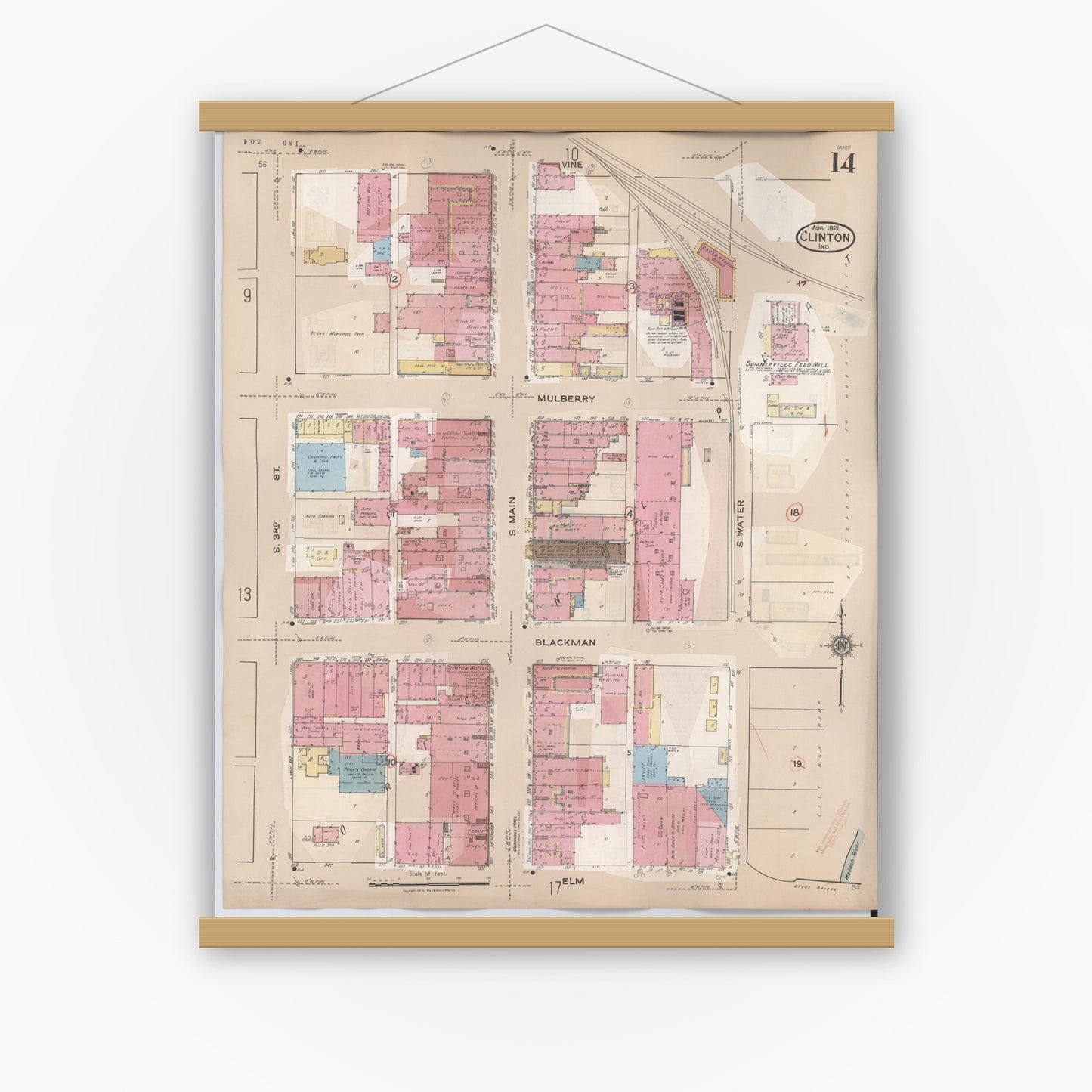 Old map wall art mockup — magnetic wood frame on white wall — Sanborn Fire Insurance Map from Clinton, Vermillion County, Indiana (1947), Sheet #0014