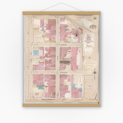Old map wall art mockup — magnetic wood frame on white wall — Sanborn Fire Insurance Map from Clinton, Vermillion County, Indiana (1947), Sheet #0014