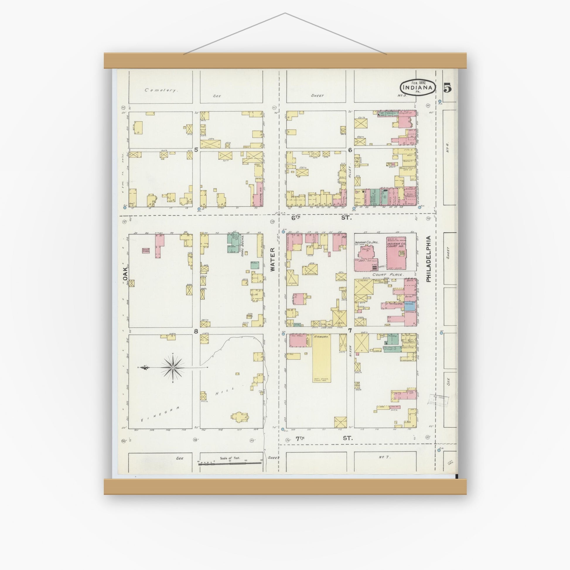 Old map wall art mockup — magnetic wood frame on white wall — Sanborn Fire Insurance Map from Indiana, Indiana County, Pennsylvania (1892), Sheet #0005