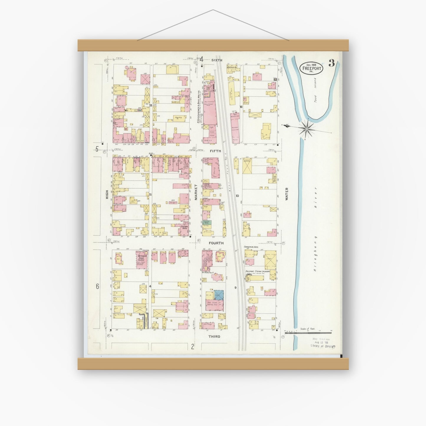 Old map wall art mockup — magnetic wood frame on white wall — Sanborn Fire Insurance Map from Freeport, Armstrong County, Pennsylvania (1908), Sheet #0003