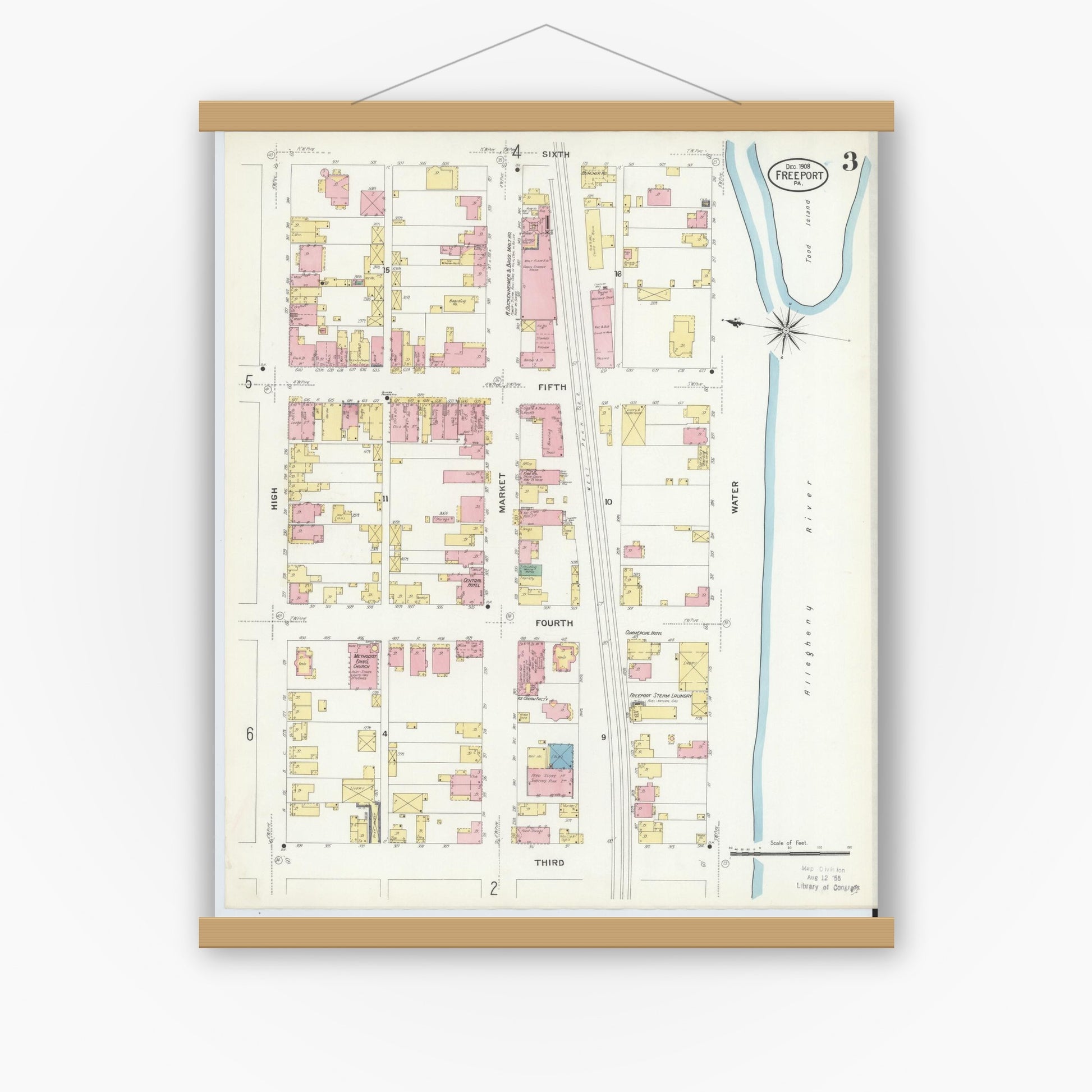 Old map wall art mockup — magnetic wood frame on white wall — Sanborn Fire Insurance Map from Freeport, Armstrong County, Pennsylvania (1908), Sheet #0003