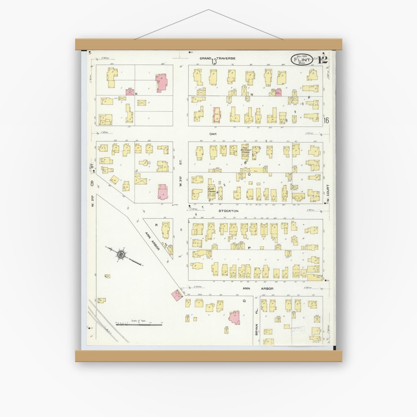 Old map wall art mockup — magnetic wood frame on white wall — Sanborn Fire Insurance Map from Flint, Genesee County, Michigan (1909), Sheet #0012