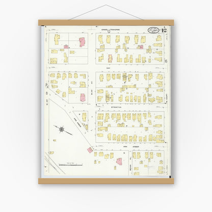 Old map wall art mockup — magnetic wood frame on white wall — Sanborn Fire Insurance Map from Flint, Genesee County, Michigan (1909), Sheet #0012