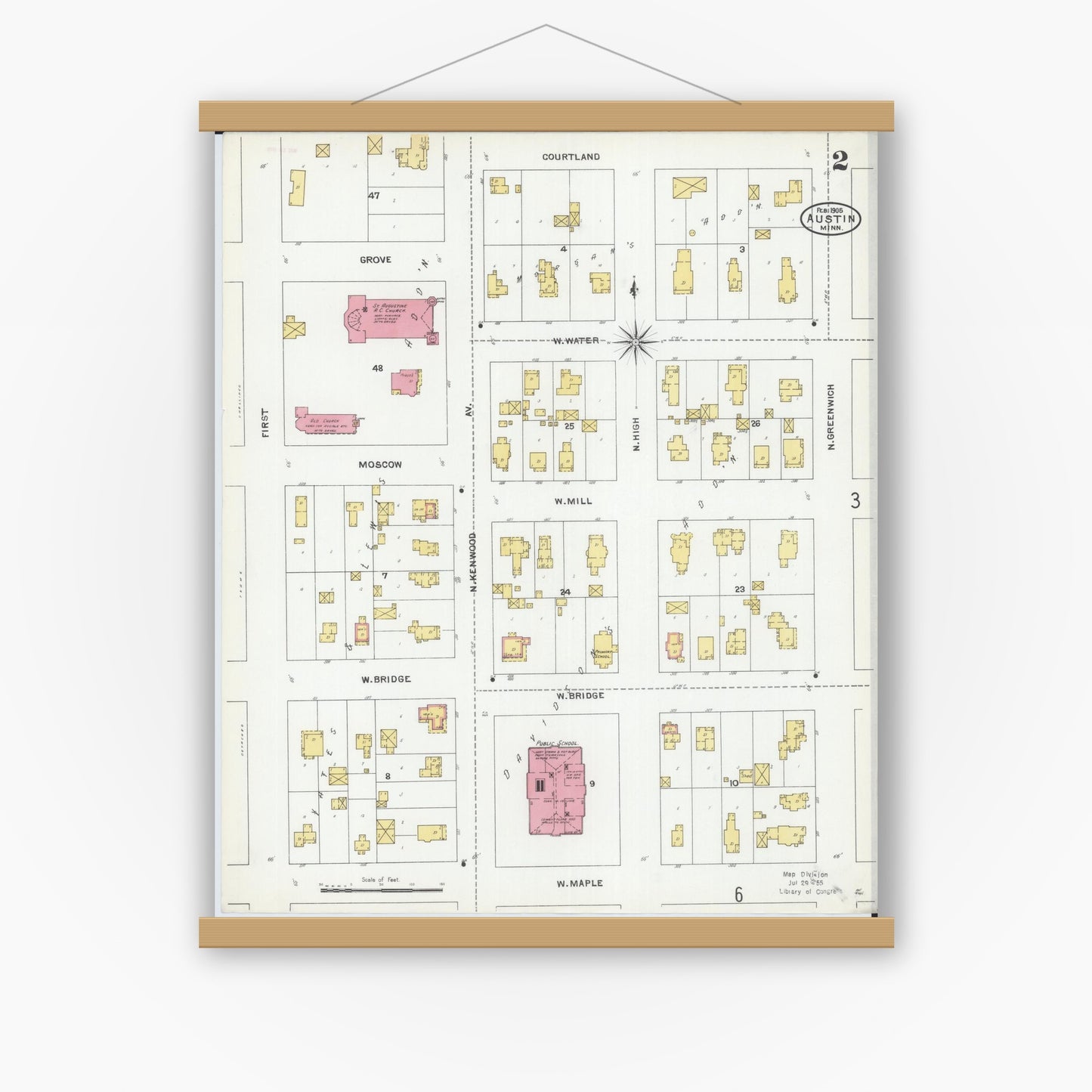 Old map wall art mockup — magnetic wood frame on white wall — Sanborn Fire Insurance Map from Austin, Mower County, Minnesota (1905), Sheet #0002