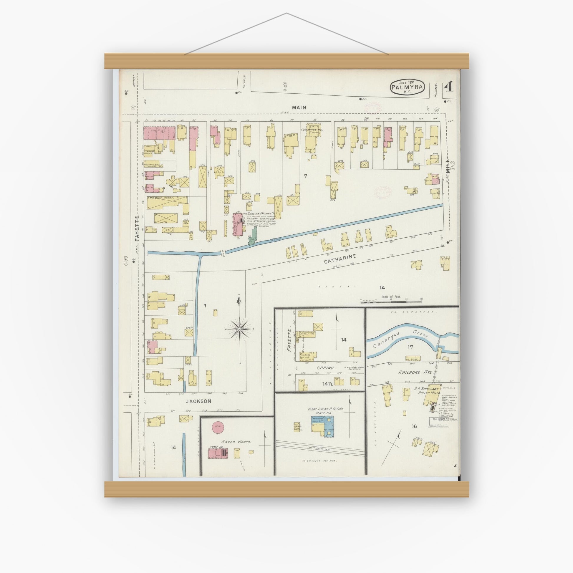 Old map wall art mockup — magnetic wood frame on white wall — Sanborn Fire Insurance Map from Palmyra, Wayne County, New York (1894), Sheet #0004
