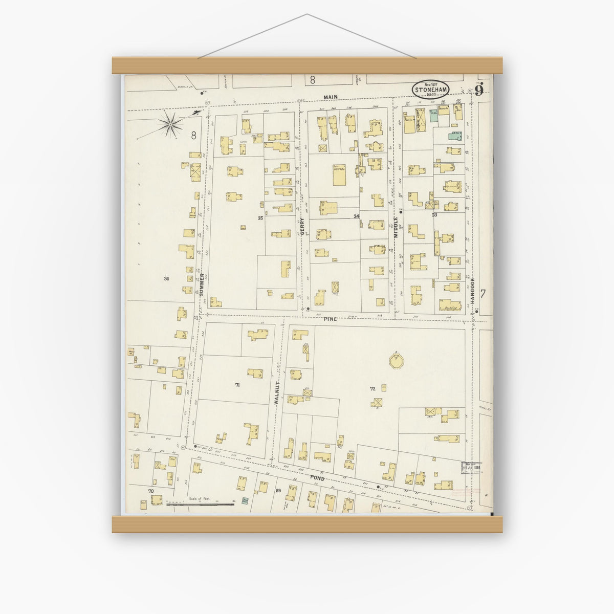 Old map wall art mockup — magnetic wood frame on white wall — Sanborn Fire Insurance Map from Stoneham, Middlesex County, Massachusetts (1897), Sheet #0009