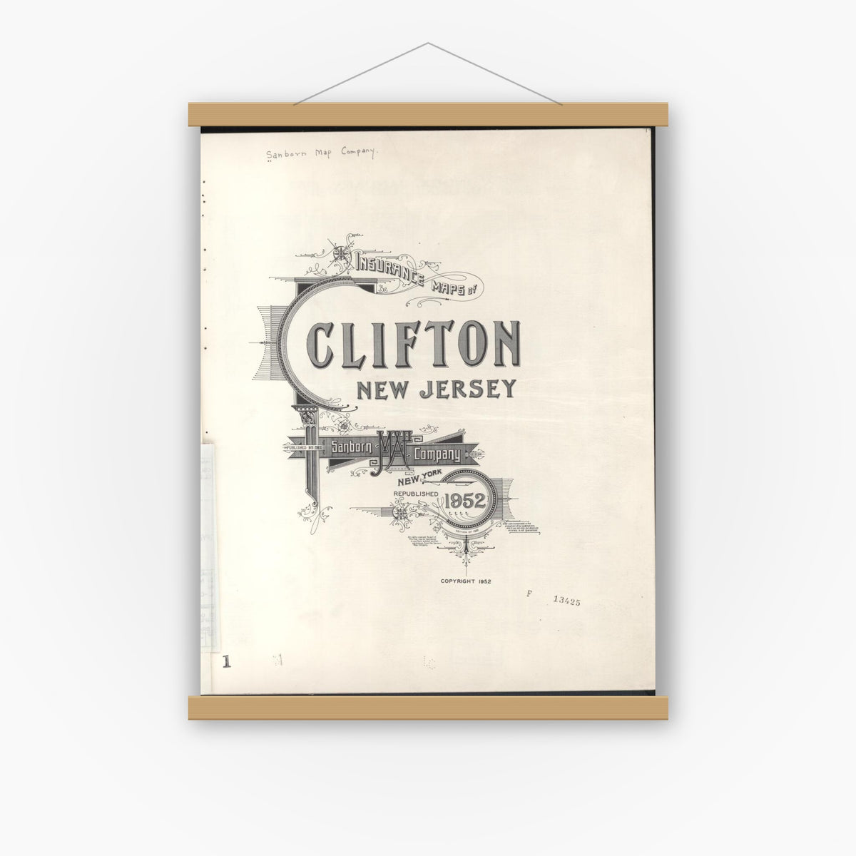 Old map wall art mockup — magnetic wood frame on white wall — Sanborn Fire Insurance Map from Clifton, Passaic County, New Jersey (1952), Sheet #0001