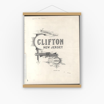 Old map wall art mockup — magnetic wood frame on white wall — Sanborn Fire Insurance Map from Clifton, Passaic County, New Jersey (1952), Sheet #0001