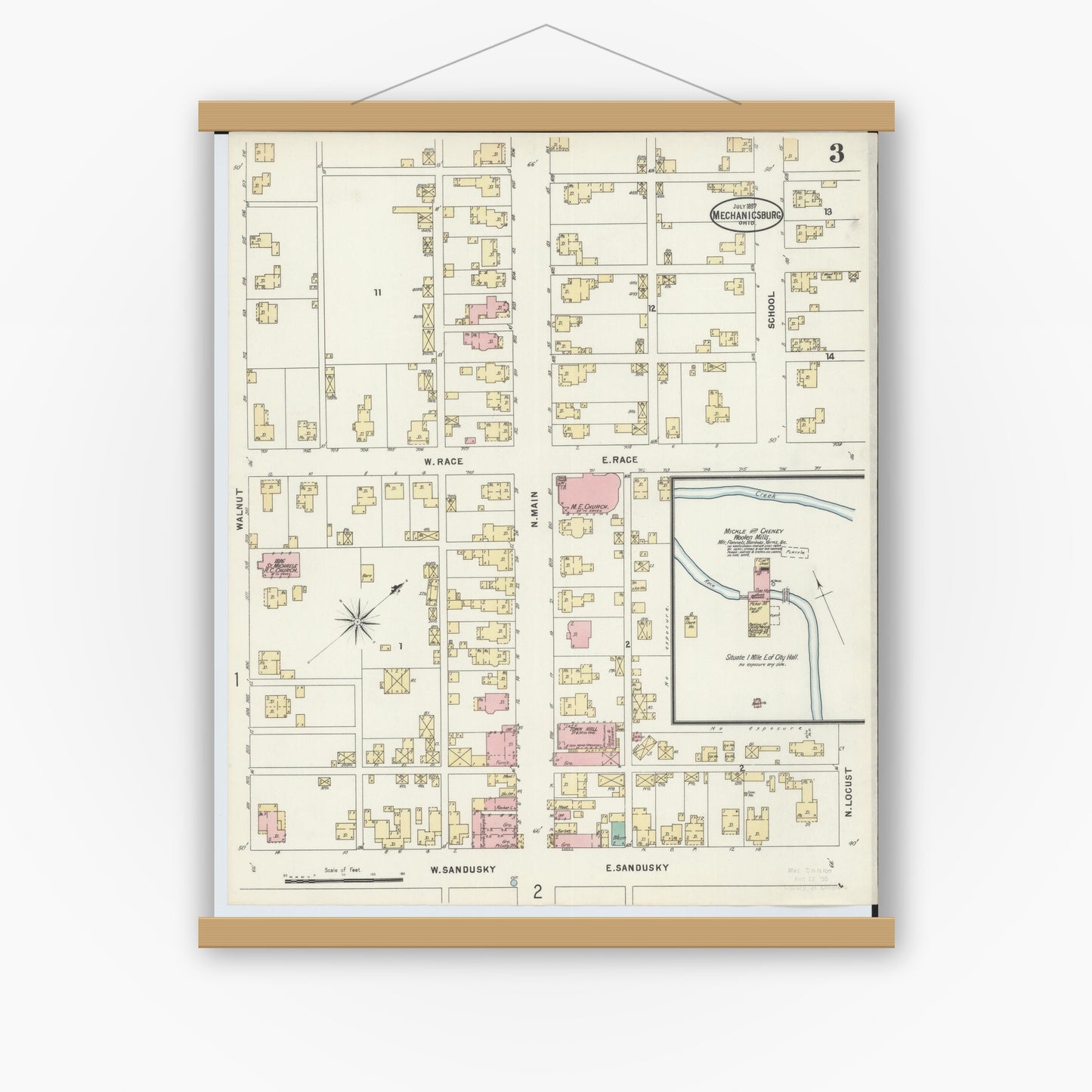 Old map wall art mockup — magnetic wood frame on white wall — Sanborn Fire Insurance Map from Mechanicsburg, Champaign County, Ohio (1897), Sheet #0003