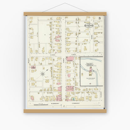 Old map wall art mockup — magnetic wood frame on white wall — Sanborn Fire Insurance Map from Mechanicsburg, Champaign County, Ohio (1897), Sheet #0003