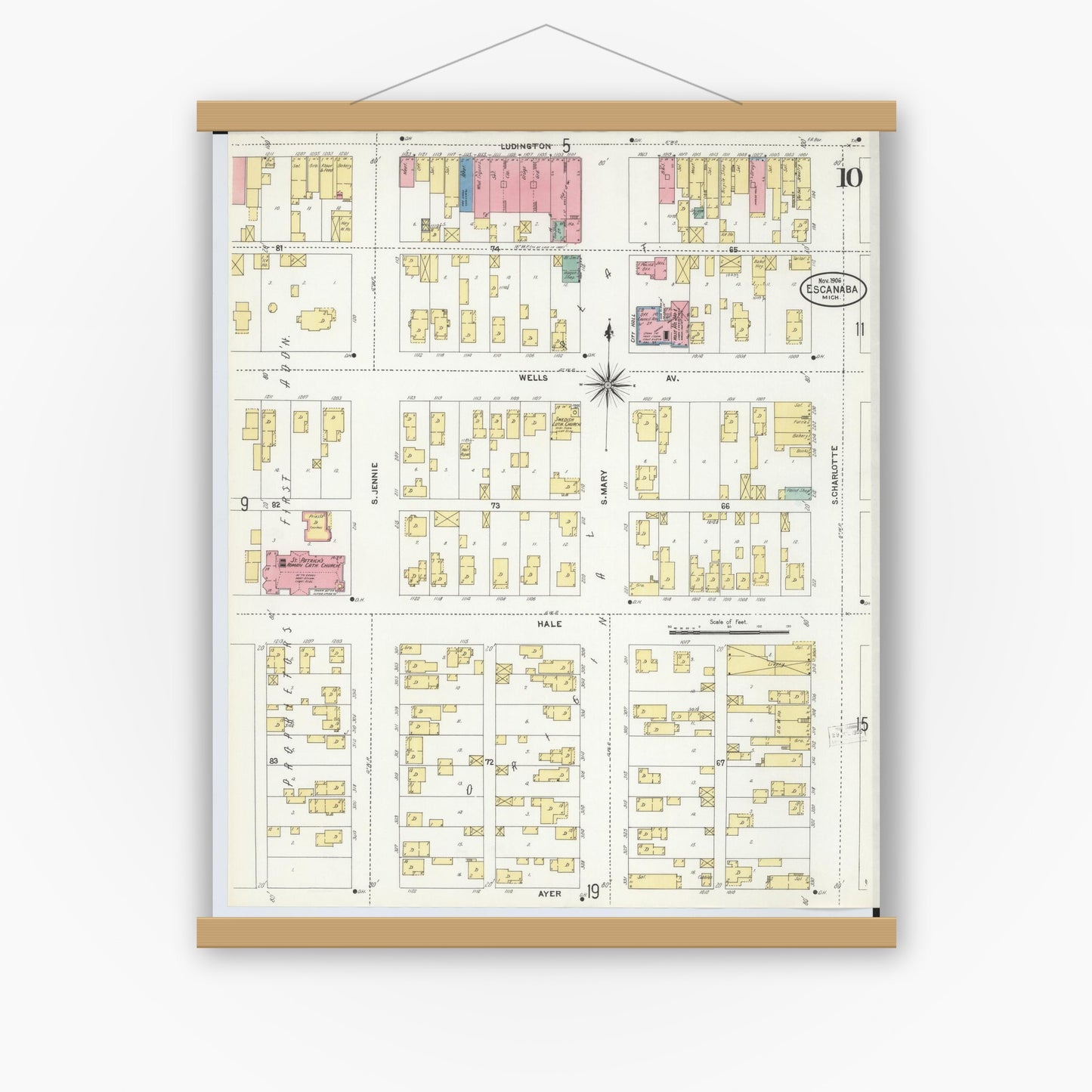 Old map wall art mockup — magnetic wood frame on white wall — Sanborn Fire Insurance Map from Escanaba, Delta County, Michigan (1906), Sheet #0010