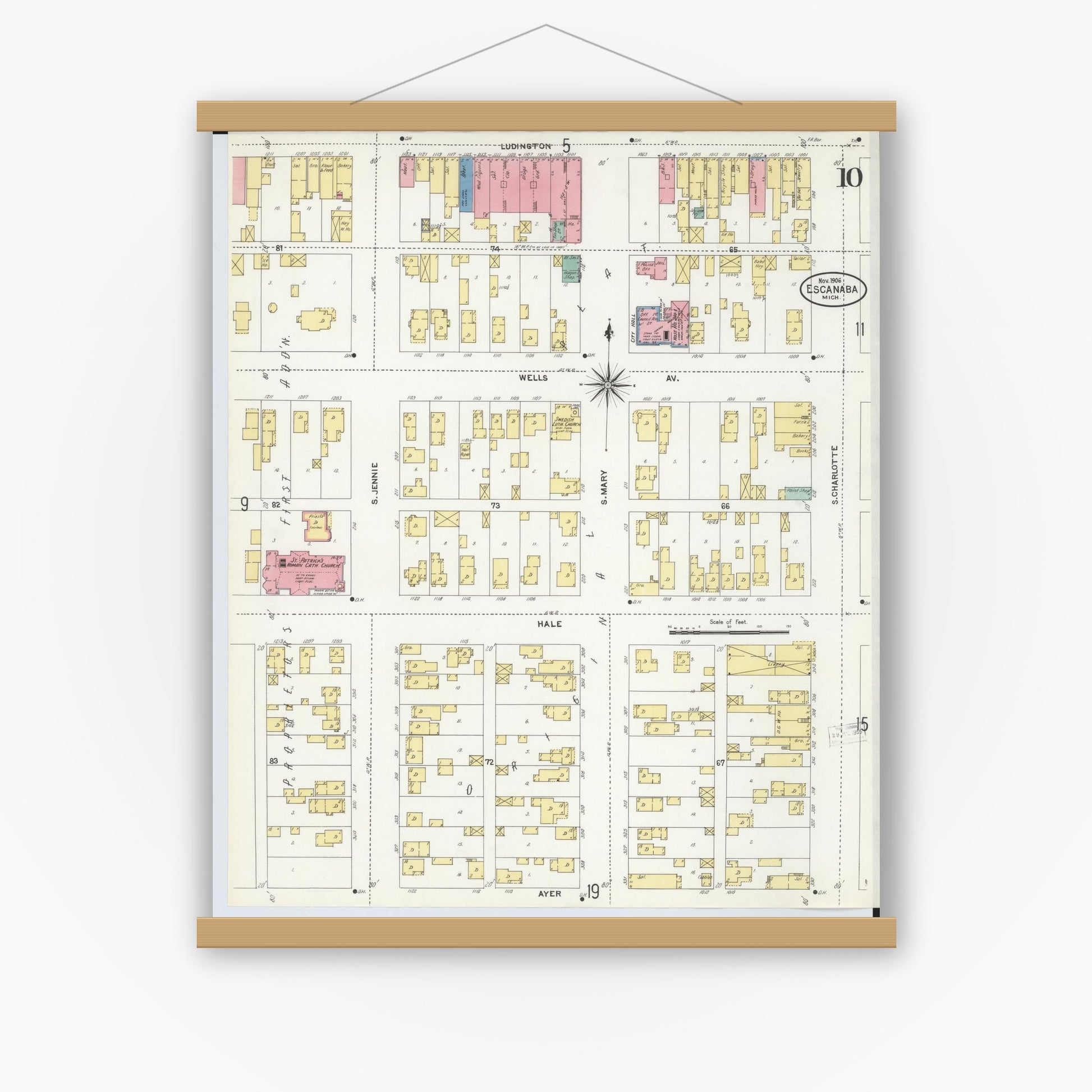 Old map wall art mockup — magnetic wood frame on white wall — Sanborn Fire Insurance Map from Escanaba, Delta County, Michigan (1906), Sheet #0010