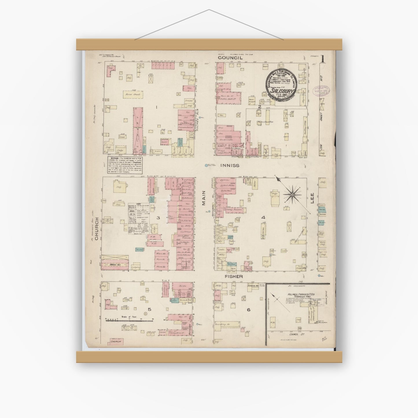 Old map wall art mockup — magnetic wood frame on white wall — Sanborn Fire Insurance Map from Salisbury, Rowan County, North Carolina (1885) - Complete Map Set