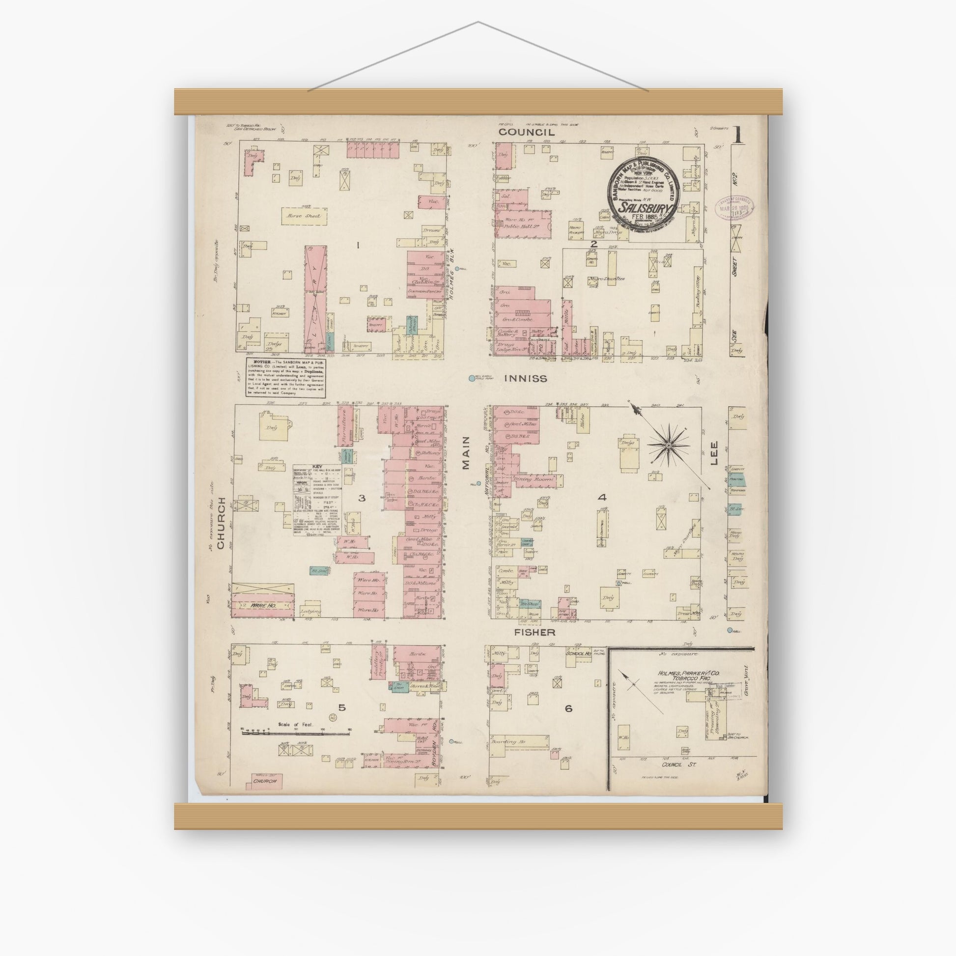 Old map wall art mockup — magnetic wood frame on white wall — Sanborn Fire Insurance Map from Salisbury, Rowan County, North Carolina (1885) - Complete Map Set