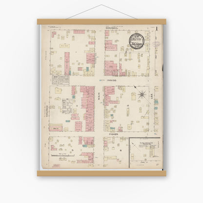 Old map wall art mockup — magnetic wood frame on white wall — Sanborn Fire Insurance Map from Salisbury, Rowan County, North Carolina (1885) - Complete Map Set