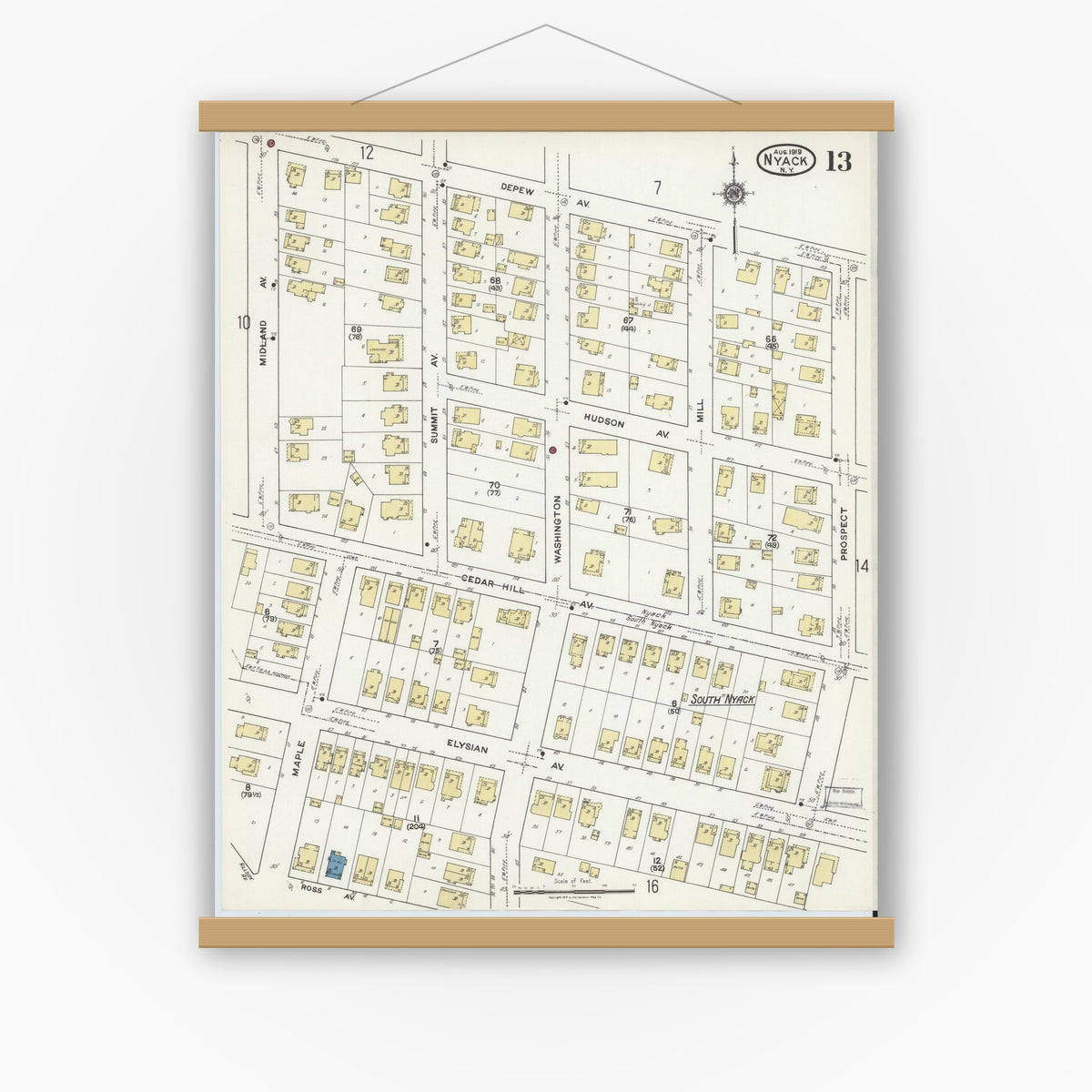 Old map wall art mockup — magnetic wood frame on white wall — Sanborn Fire Insurance Map from Nyack, Rockland County, New York (1919), Sheet #0013