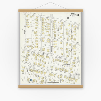 Old map wall art mockup — magnetic wood frame on white wall — Sanborn Fire Insurance Map from Nyack, Rockland County, New York (1919), Sheet #0013