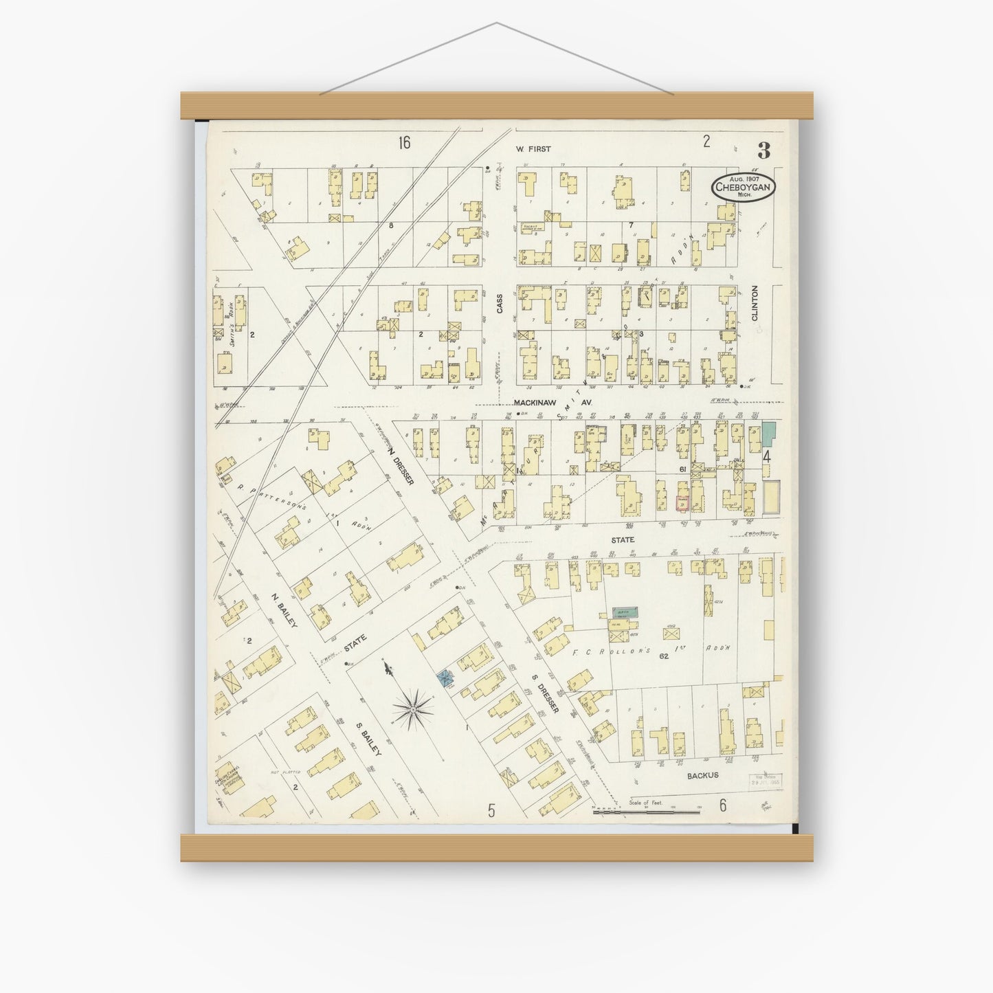 Old map wall art mockup — magnetic wood frame on white wall — Sanborn Fire Insurance Map from Cheboygan, Cheboygan County, Michigan (1907), Sheet #0003