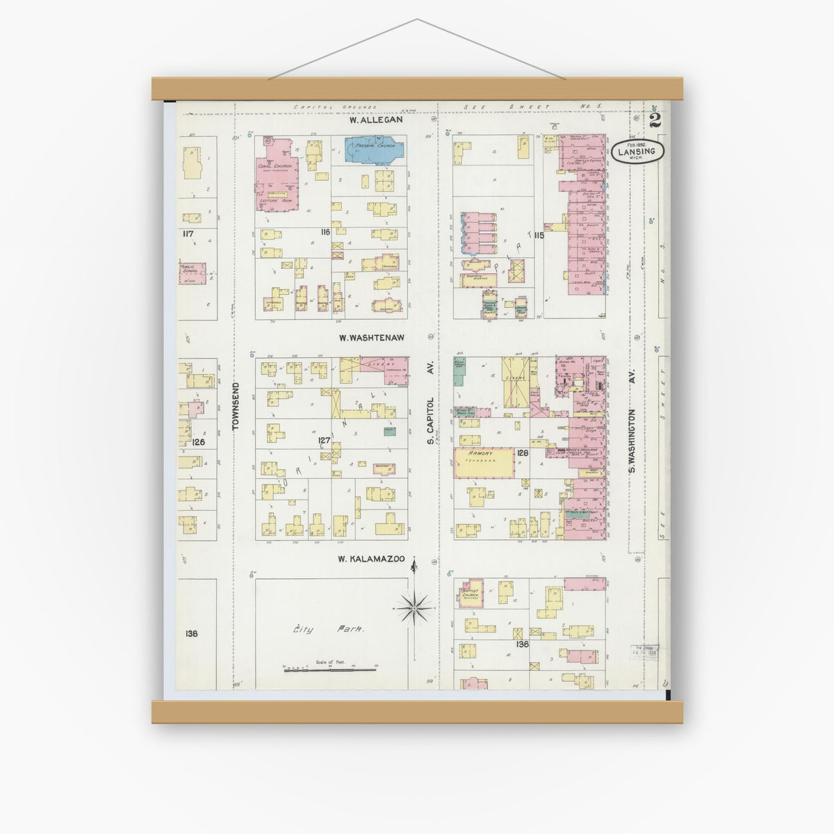 Old map wall art mockup — magnetic wood frame on white wall — Sanborn Fire Insurance Map from Lansing, Ingham County, Michigan (1892), Sheet #0002