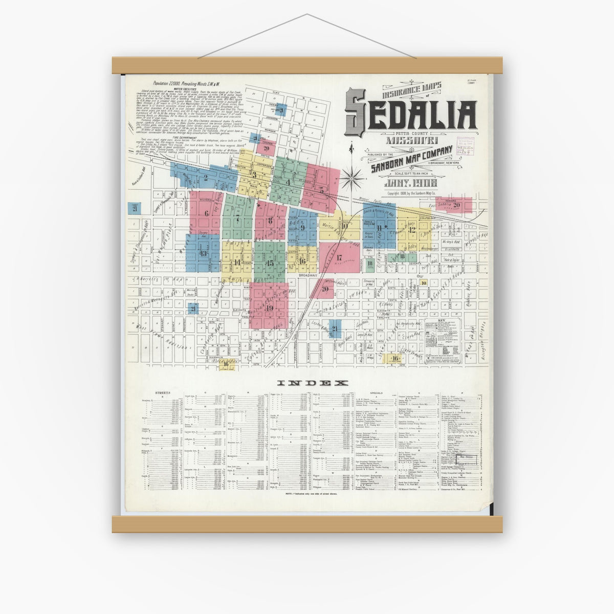 Old map wall art mockup — magnetic wood frame on white wall — Sanborn Fire Insurance Map from Sedalia, Pettis County, Missouri (1908) - Complete Map Set