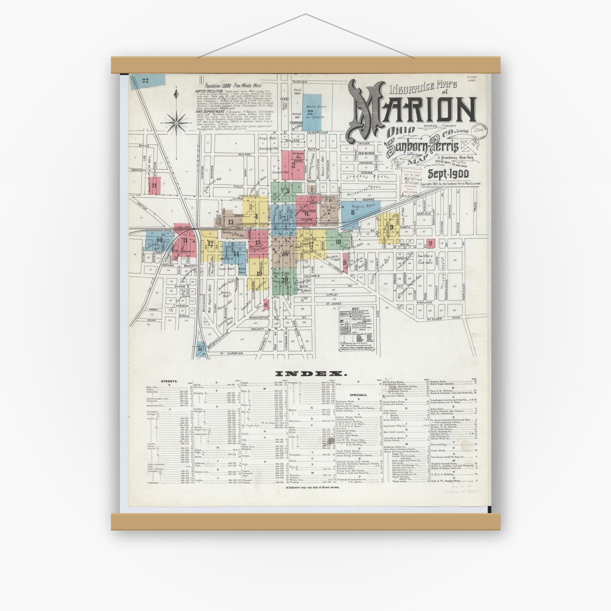 Old map wall art mockup — magnetic wood frame on white wall — Sanborn Fire Insurance Map from Marion, Marion County, Ohio (1900), Sheet #0001
