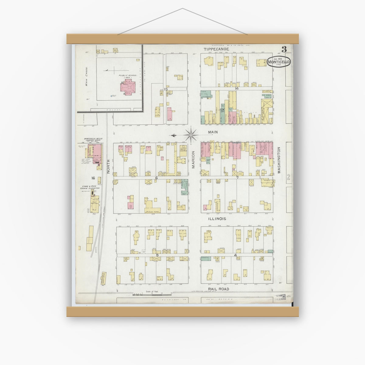 Old map wall art mockup — magnetic wood frame on white wall — Sanborn Fire Insurance Map from Monticello, White County, Indiana (1893), Sheet #0003