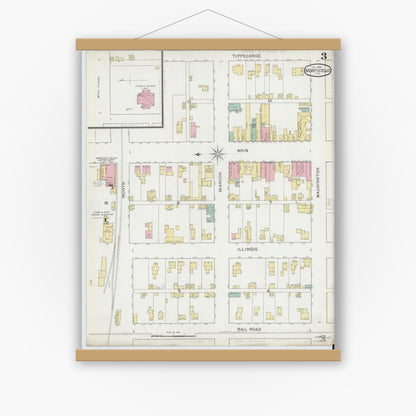 Old map wall art mockup — magnetic wood frame on white wall — Sanborn Fire Insurance Map from Monticello, White County, Indiana (1893), Sheet #0003