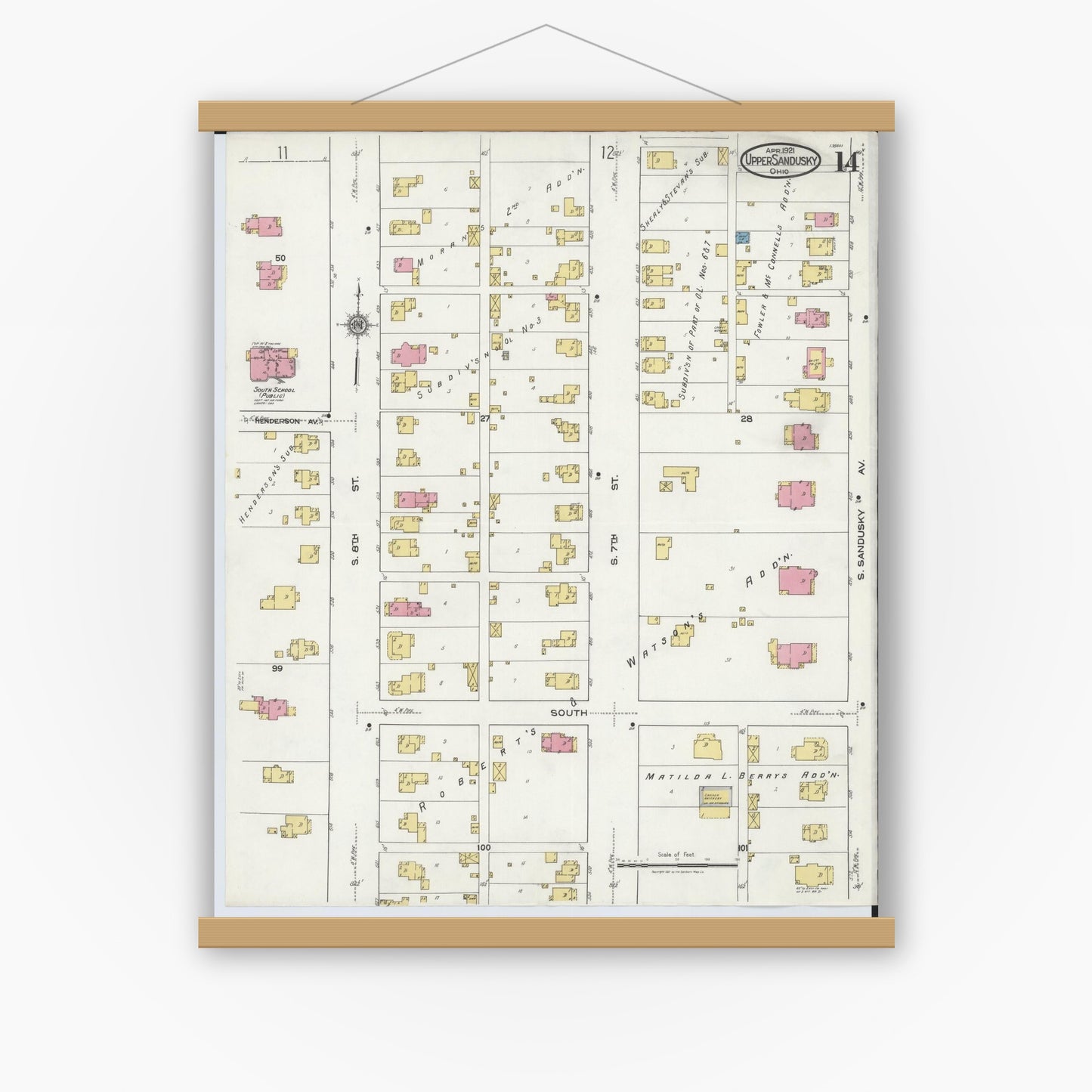Old map wall art mockup — magnetic wood frame on white wall — Sanborn Fire Insurance Map from Upper Sandusky, Wyandot County, Ohio (1921), Sheet #0014