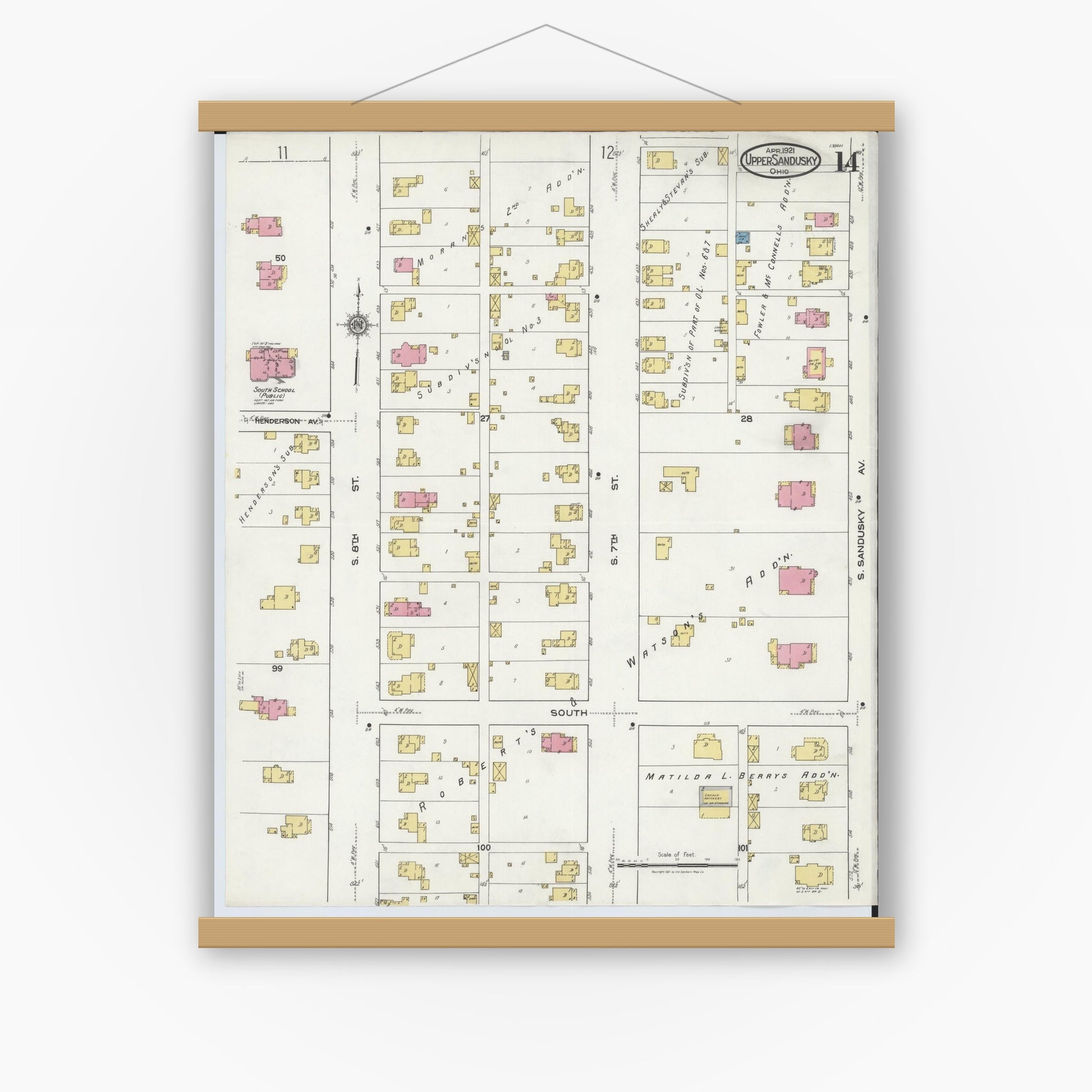 Old map wall art mockup — magnetic wood frame on white wall — Sanborn Fire Insurance Map from Upper Sandusky, Wyandot County, Ohio (1921), Sheet #0014