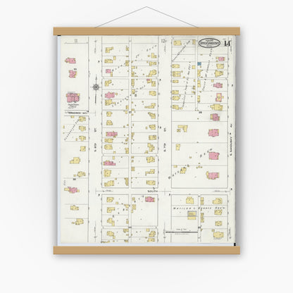 Old map wall art mockup — magnetic wood frame on white wall — Sanborn Fire Insurance Map from Upper Sandusky, Wyandot County, Ohio (1921), Sheet #0014