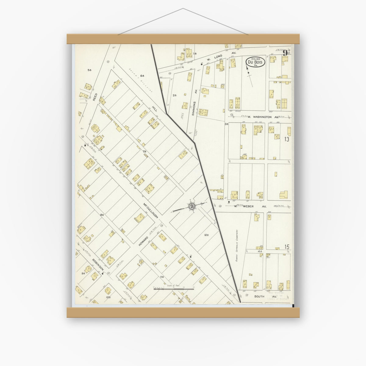 Old map wall art mockup — magnetic wood frame on white wall — Sanborn Fire Insurance Map from Du Bois, Clearfield County, Pennsylvania (1913), Sheet #0009
