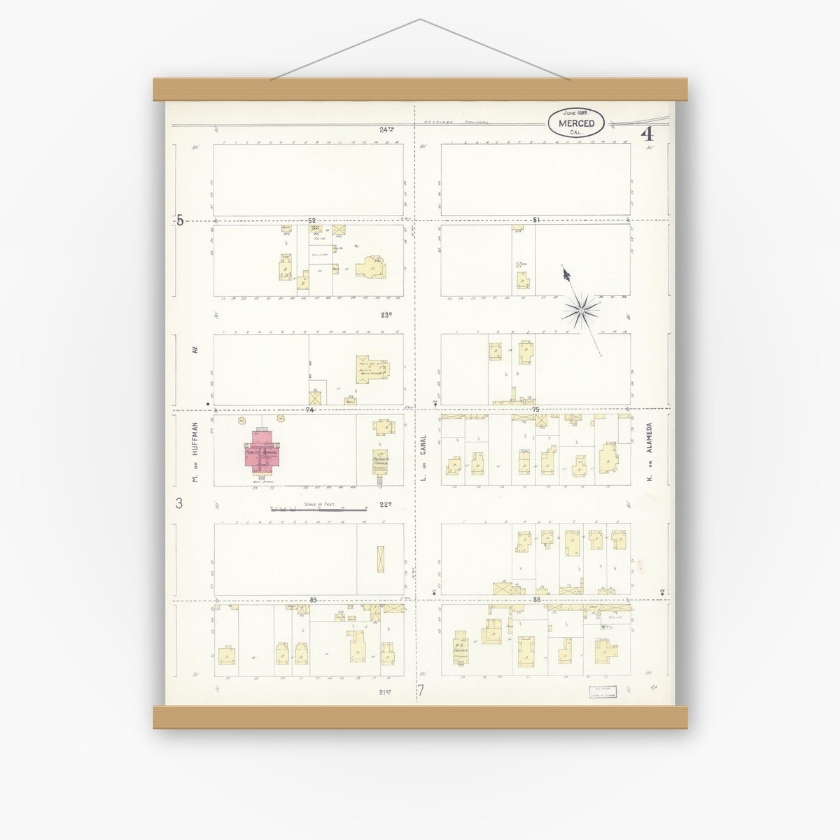 Old map wall art mockup — magnetic wood frame on white wall — Sanborn Fire Insurance Map from Merced, Merced County, California (1898), Sheet #0004