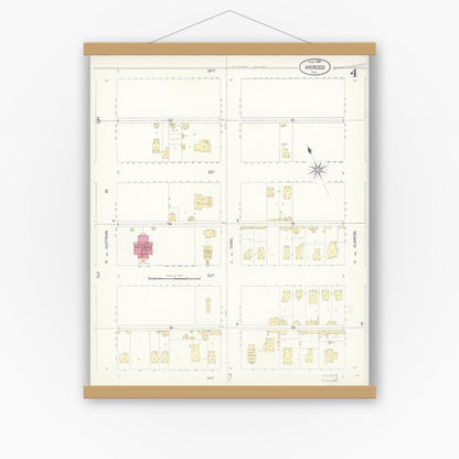 Old map wall art mockup — magnetic wood frame on white wall — Sanborn Fire Insurance Map from Merced, Merced County, California (1898), Sheet #0004