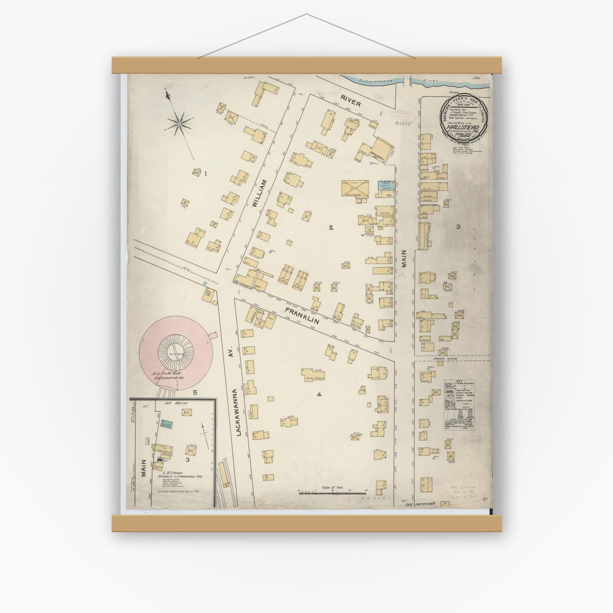 Old map wall art mockup — magnetic wood frame on white wall — Sanborn Fire Insurance Map from Hallstead, Susquehanna County, Pennsylvania (1892), Sheet #0001