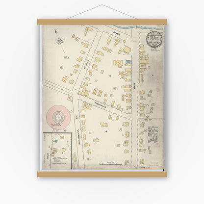 Old map wall art mockup — magnetic wood frame on white wall — Sanborn Fire Insurance Map from Hallstead, Susquehanna County, Pennsylvania (1892), Sheet #0001