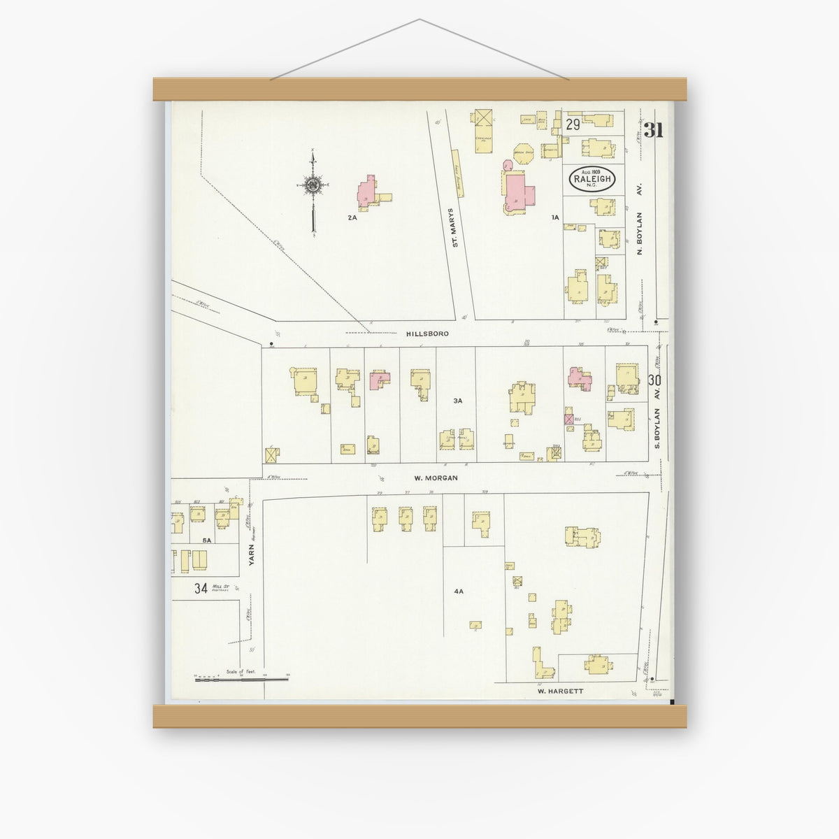 Old map wall art mockup — magnetic wood frame on white wall — Sanborn Fire Insurance Map from Raleigh, Wake County, North Carolina (1909), Sheet #0031