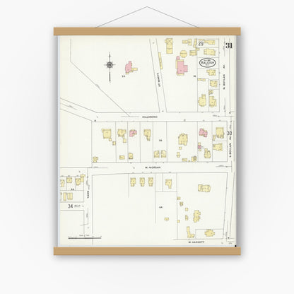 Old map wall art mockup — magnetic wood frame on white wall — Sanborn Fire Insurance Map from Raleigh, Wake County, North Carolina (1909), Sheet #0031