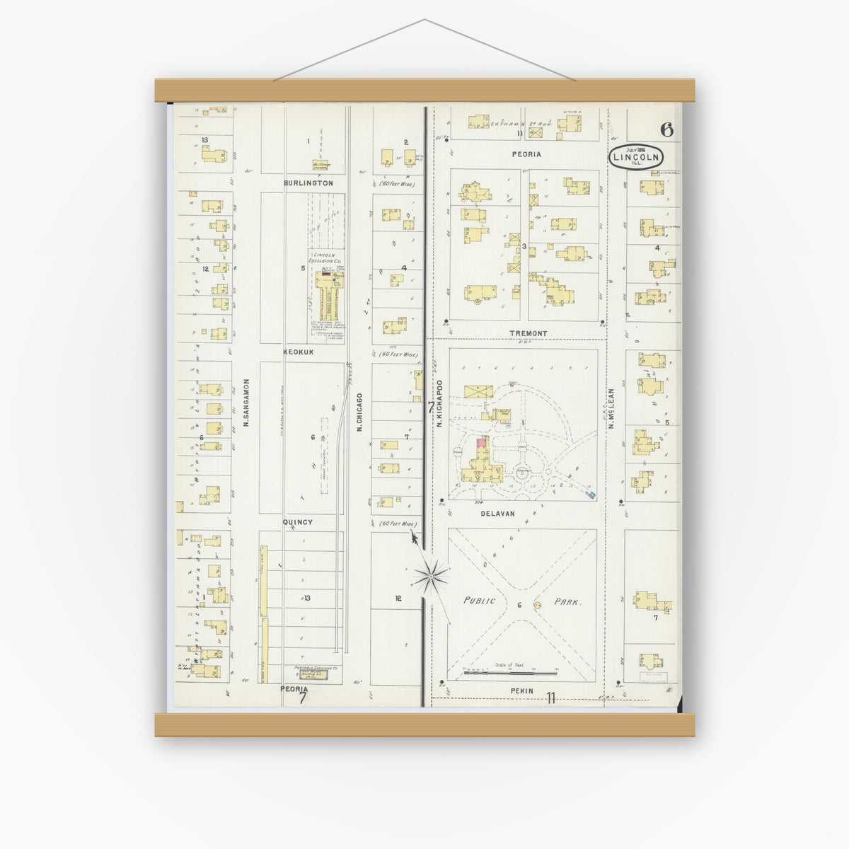 Old map wall art mockup — magnetic wood frame on white wall — Sanborn Fire Insurance Map from Lincoln, Logan County, Illinois (1896), Sheet #0006