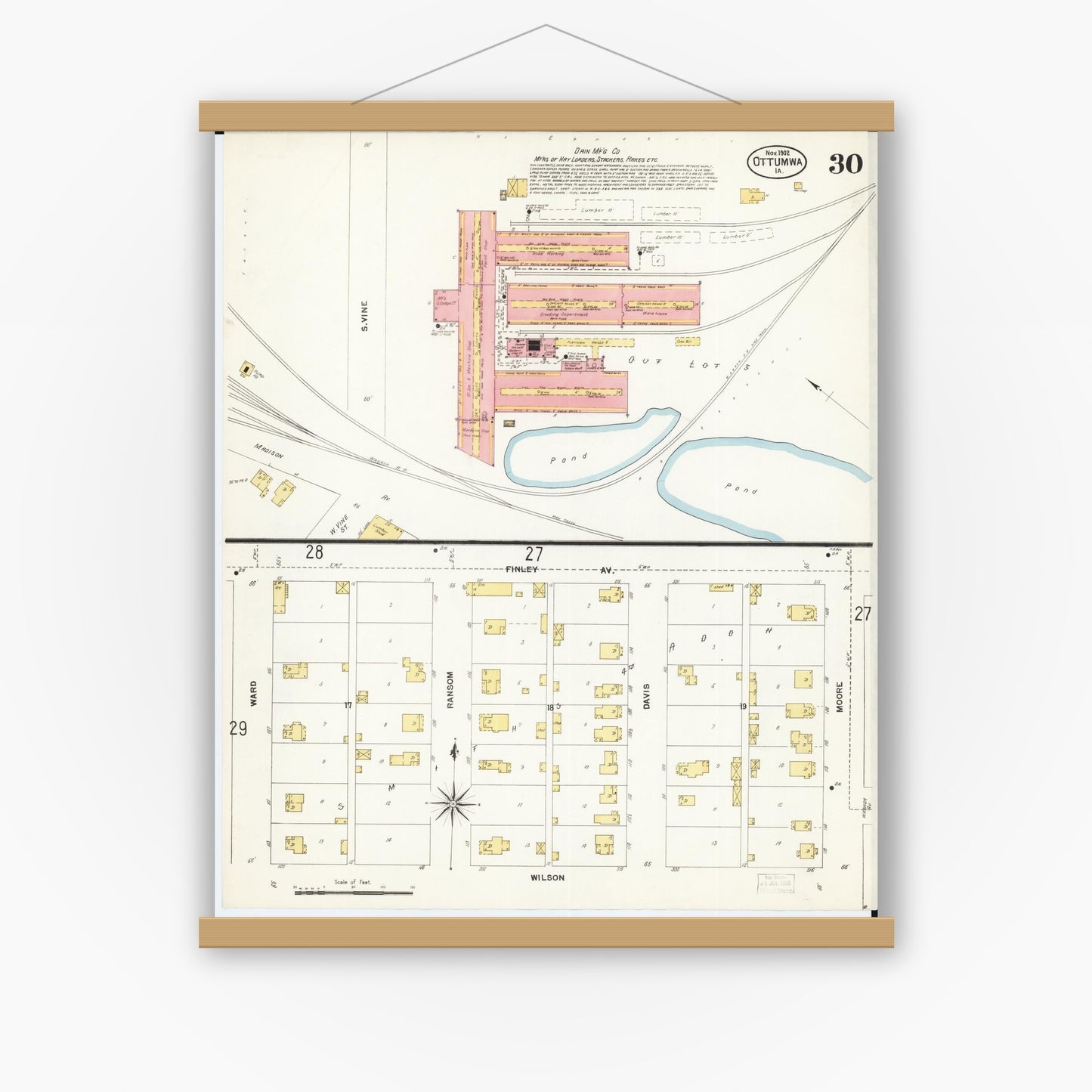 Old map wall art mockup — magnetic wood frame on white wall — Sanborn Fire Insurance Map from Ottumwa, Wapello County, Iowa (1902), Sheet #0030