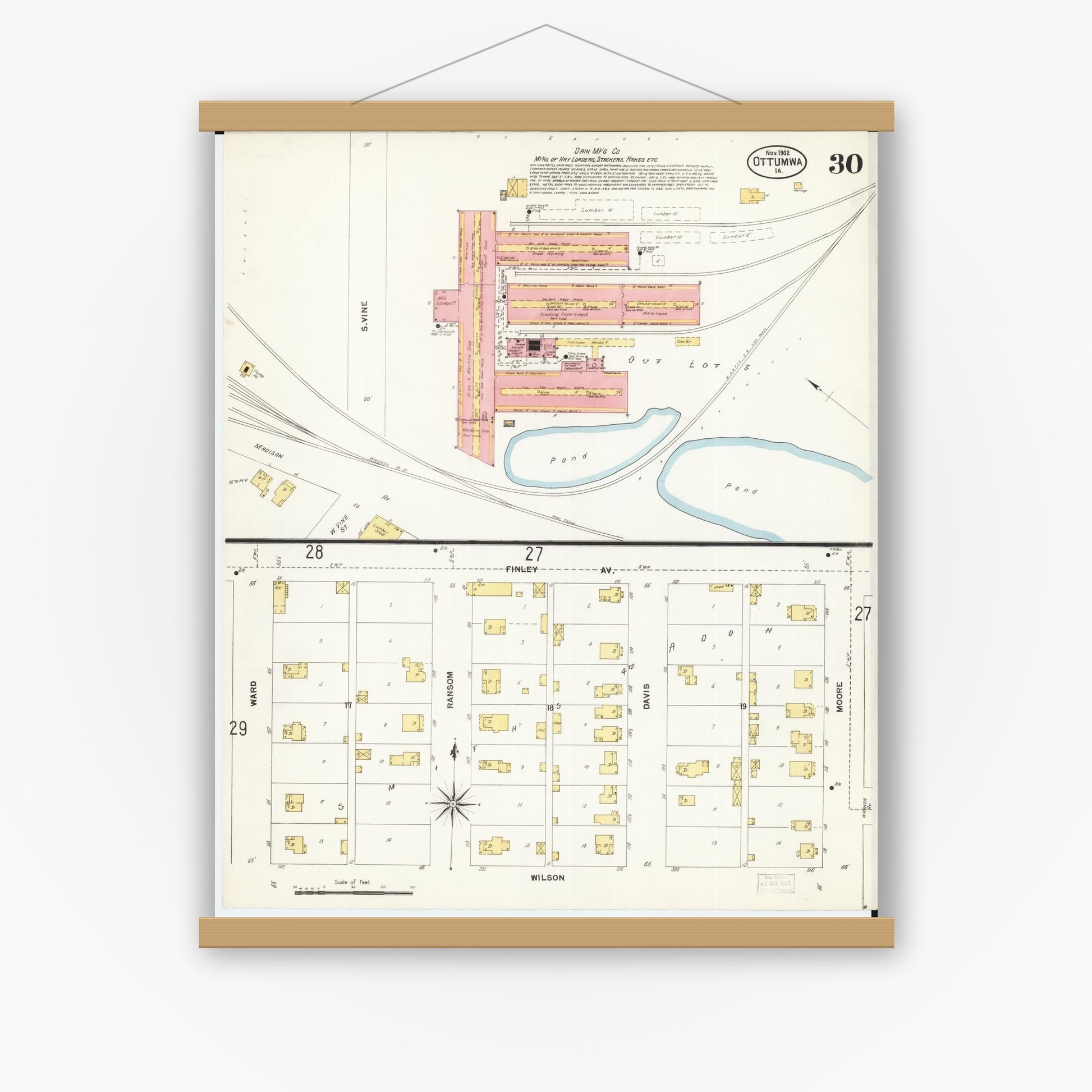 Old map wall art mockup — magnetic wood frame on white wall — Sanborn Fire Insurance Map from Ottumwa, Wapello County, Iowa (1902), Sheet #0030