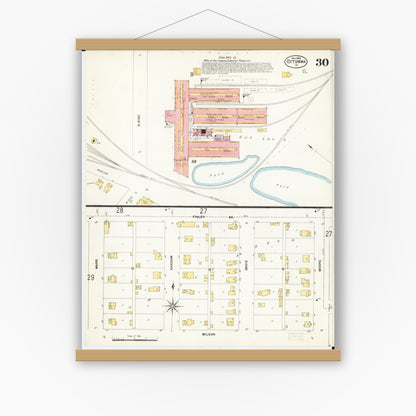 Old map wall art mockup — magnetic wood frame on white wall — Sanborn Fire Insurance Map from Ottumwa, Wapello County, Iowa (1902), Sheet #0030