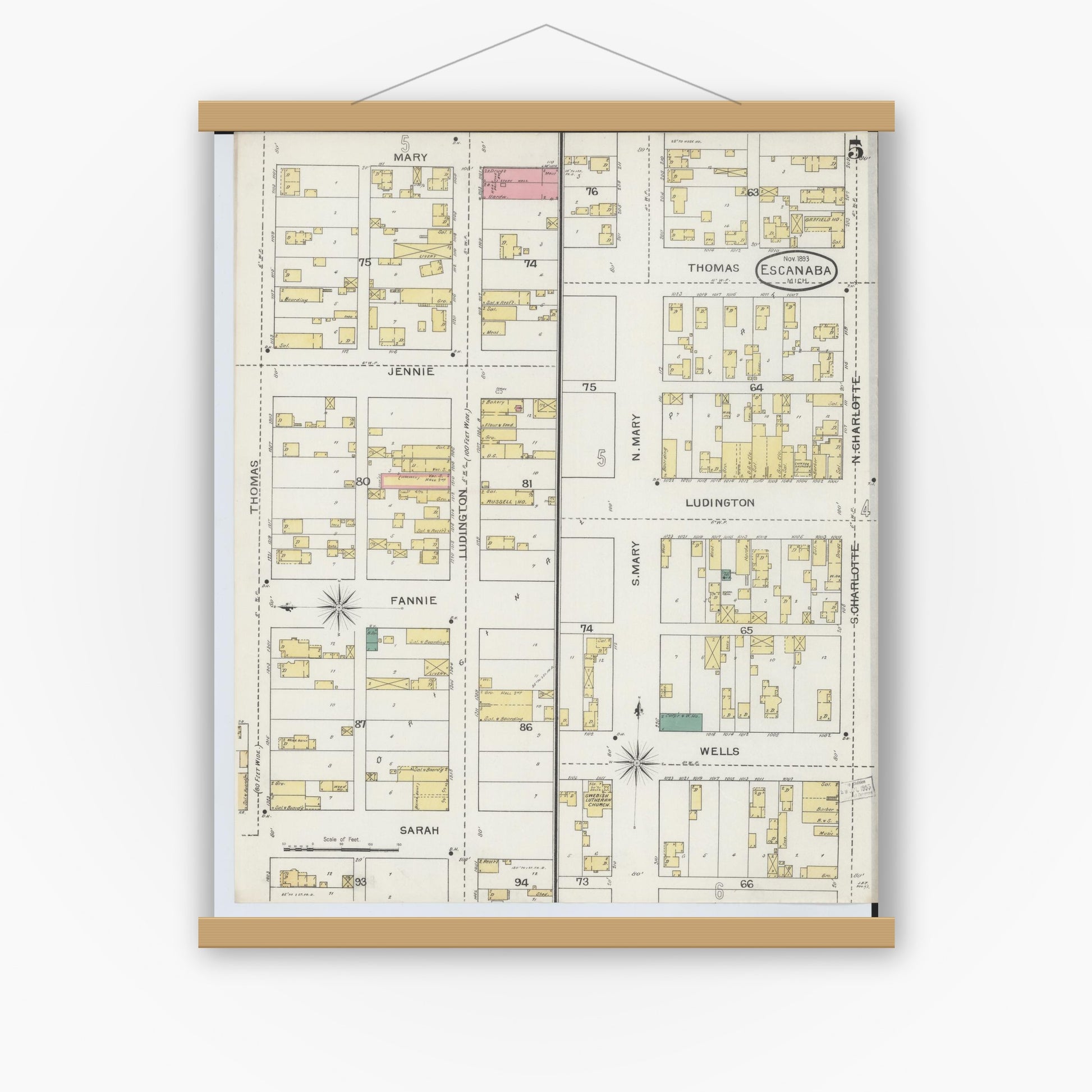 Old map wall art mockup — magnetic wood frame on white wall — Sanborn Fire Insurance Map from Escanaba, Delta County, Michigan (1893), Sheet #0005