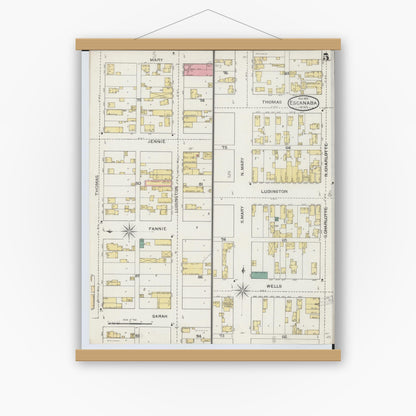 Old map wall art mockup — magnetic wood frame on white wall — Sanborn Fire Insurance Map from Escanaba, Delta County, Michigan (1893), Sheet #0005