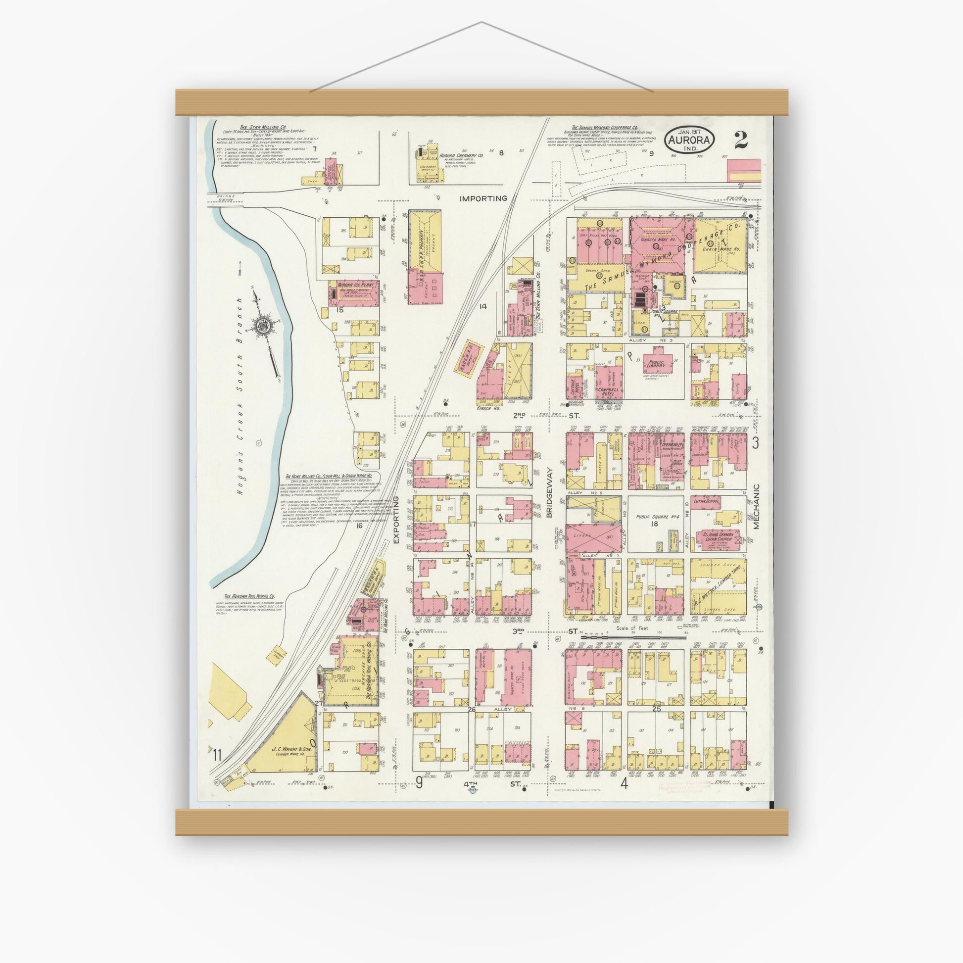 Old map wall art mockup — magnetic wood frame on white wall — Sanborn Fire Insurance Map from Aurora, Dearborn County, Indiana (1917), Sheet #0002