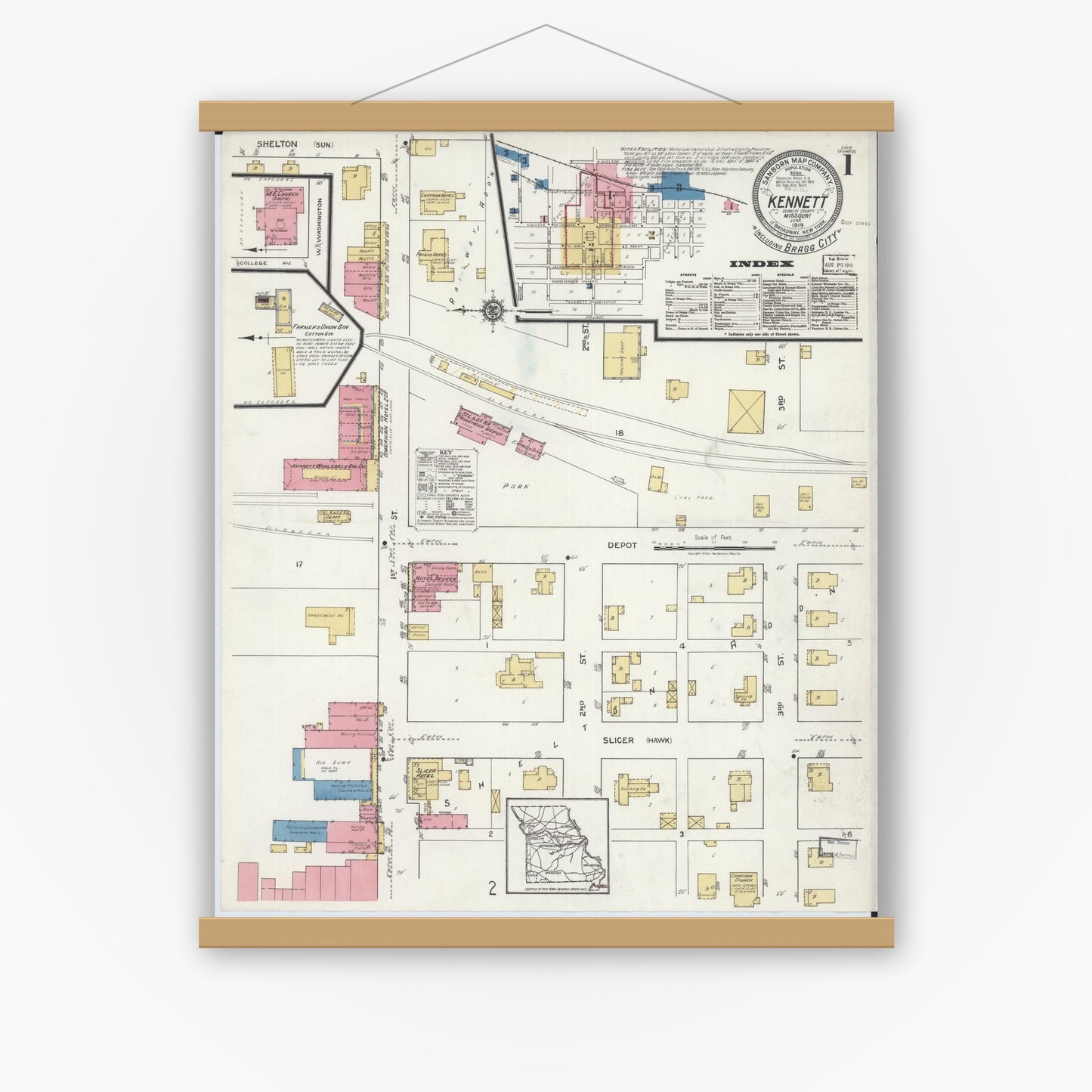 Old map wall art mockup — magnetic wood frame on white wall — Sanborn Fire Insurance Map from Kennett, Dunklin County, Missouri (1919), Sheet #0001