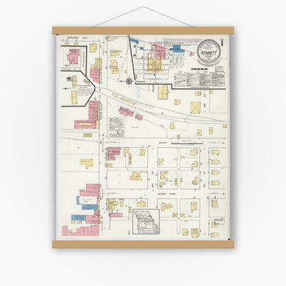 Old map wall art mockup — magnetic wood frame on white wall — Sanborn Fire Insurance Map from Kennett, Dunklin County, Missouri (1919), Sheet #0001