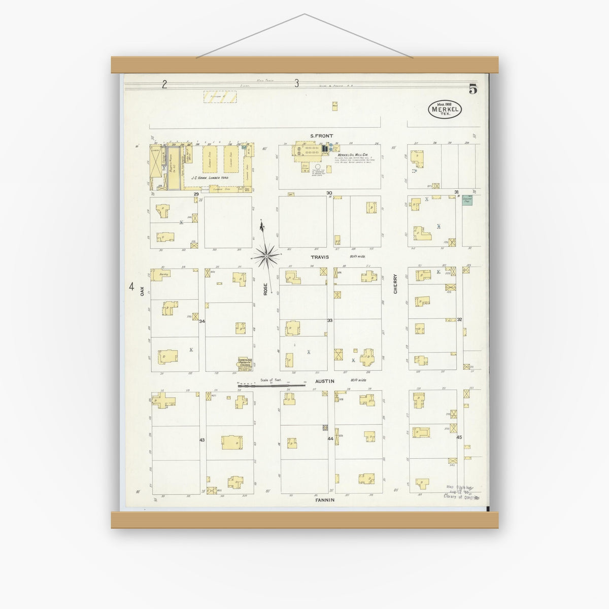 Old map wall art mockup — magnetic wood frame on white wall — Sanborn Fire Insurance Map from Merkel, Taylor County, Texas (1908), Sheet #0005