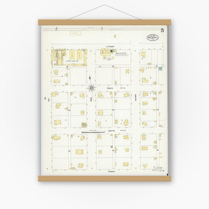 Old map wall art mockup — magnetic wood frame on white wall — Sanborn Fire Insurance Map from Merkel, Taylor County, Texas (1908), Sheet #0005
