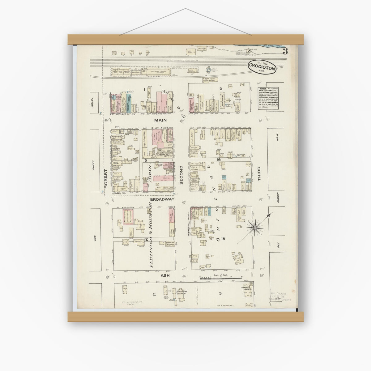 Old map wall art mockup — magnetic wood frame on white wall — Sanborn Fire Insurance Map from Crookston, Polk County, Minnesota (1884), Sheet #0003
