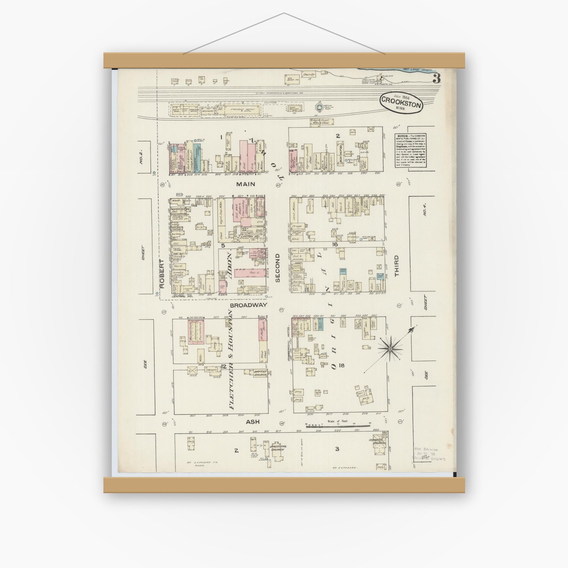Old map wall art mockup — magnetic wood frame on white wall — Sanborn Fire Insurance Map from Crookston, Polk County, Minnesota (1884), Sheet #0003